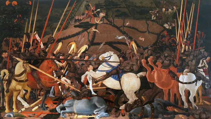 圖十八：1435-40 ca., Battle of San Romano, 182 x 323 cm, Galleria degli Uffizi, Firenze. 呈現 Siena 軍隊戰敗與 Bernardino della Carda 落馬的情形。