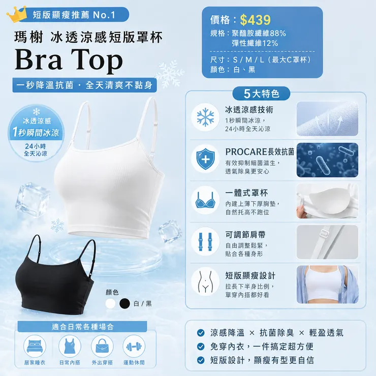 短版顯瘦推薦｜瑪榭冰透涼感短版罩杯Bra Top：一秒降溫抗菌