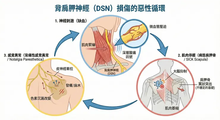 惡性循環會進一步導致第五節頸椎神經病變、菱形肌張力異常、神經感覺異常以及整體關節受力異常，最終導致難纏的膏肓痛。