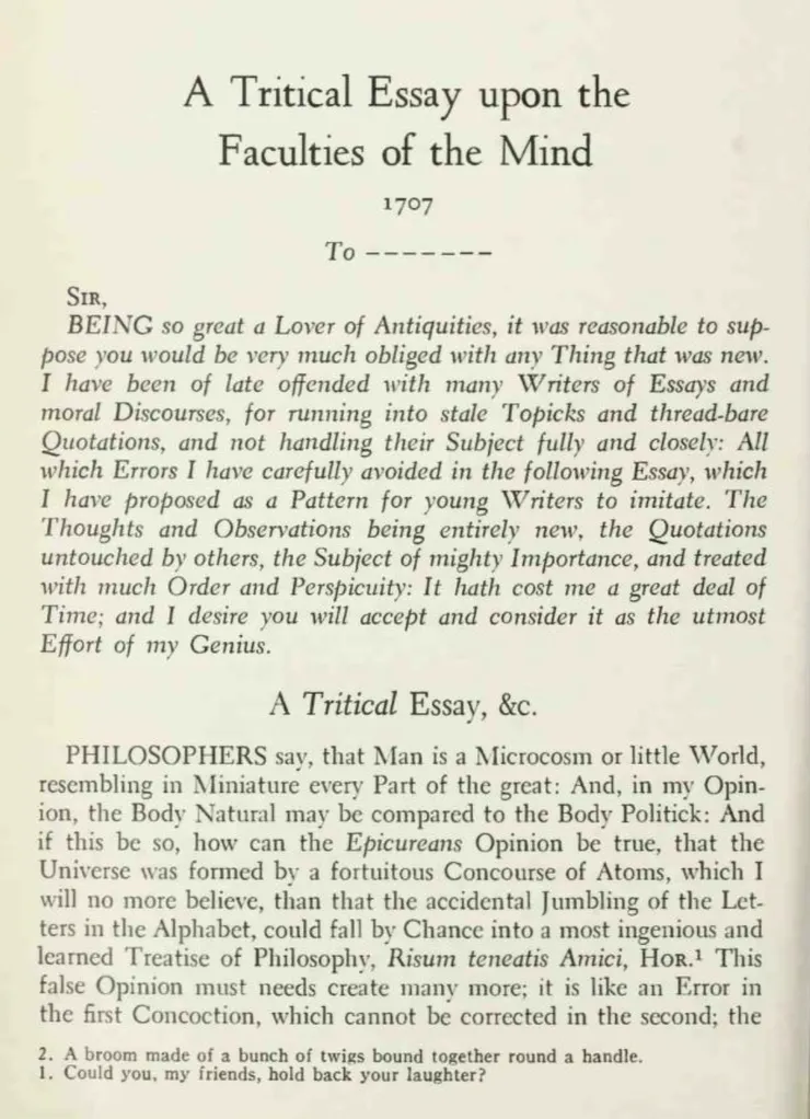 哲學家們說，人是個小宇宙，或一個小世界，像極了大世界的縮影。在我看來，自然之身可以比作政治之體。而如果真是如此，那麼伊壁鳩魯派的觀點——認為宇宙是由原子的偶然聚合形成——怎麼可能成立呢？我對此的懷疑，就像我不會相信字母的隨意拼湊，會偶然形成一部最巧妙、最有學問的哲學著作一樣，例如賀拉斯所說的《Risum teneatis, Amici》（朋友們，你們能忍住不笑嗎？）。