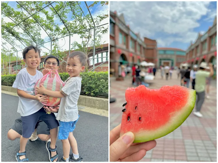 挑了一顆比兩小孩頭還大的西瓜，爸爸都快抱不動了