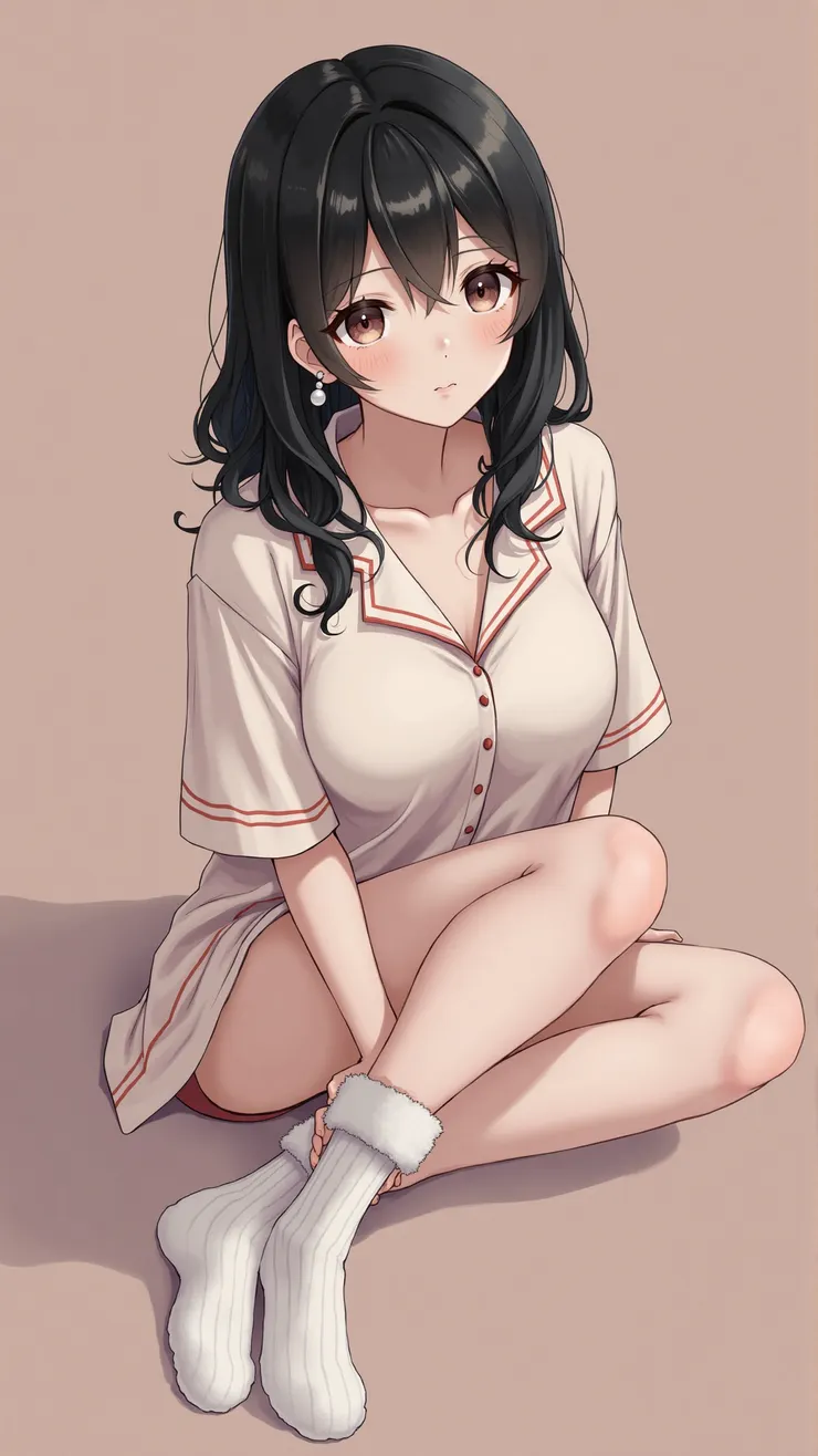 Pajama set with shorts, fuzzy socks, pearl earrings( 短褲睡衣套裝,毛茸茸襪子,珍珠耳環 )