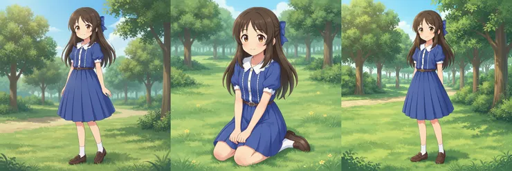 範例：全身照。Prompt：amazing digital illustration, anime, zzArisuTachibana, blue hair bow, sidelocks, blue dress, pleated skirt, short sleeves, white collar, buttons, brown belt, white socks, brown loafers, park