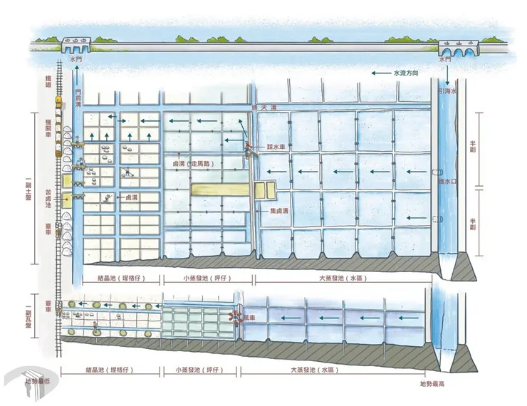 圖2 曬鹽流程圖 圖像來源：根據交通部觀光局雲嘉南濱海國家風景區管理處，《臺灣‧鹽》，頁34-35，重新繪製。