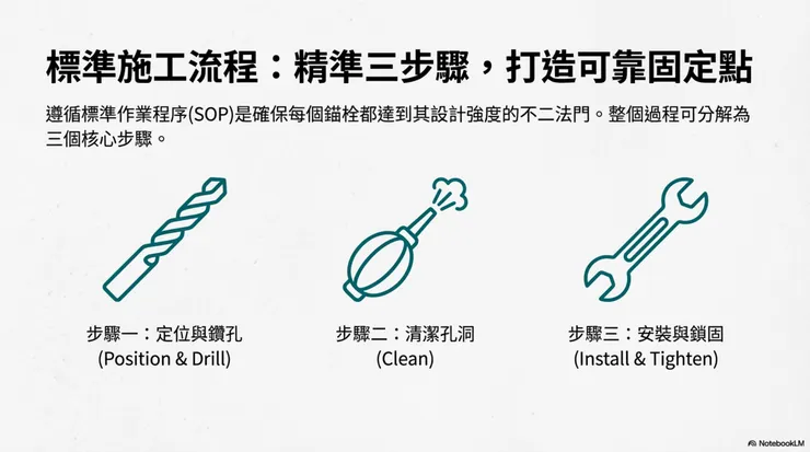 標準 SOP：不可省略的三個動作 一個完美的固定點，建立在三個不可妥協的步驟上： 1. 定位與鑽孔：精準的位置與深度。 2. 清潔孔洞：最常被遺忘，卻最致命的一步。 3. 安裝與鎖固：正確的置入與上鎖扭力。