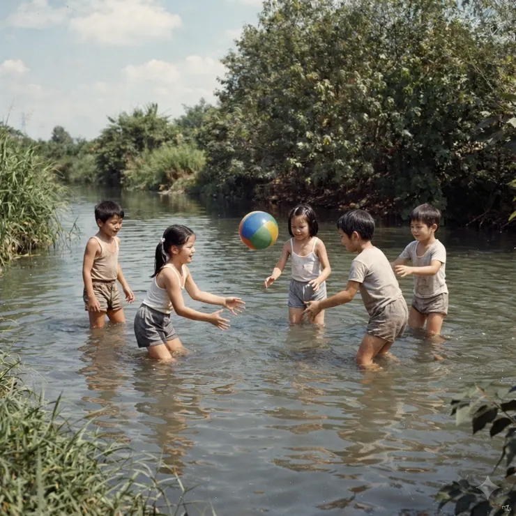 小時候常至舊東螺溪玩水(AI生成)