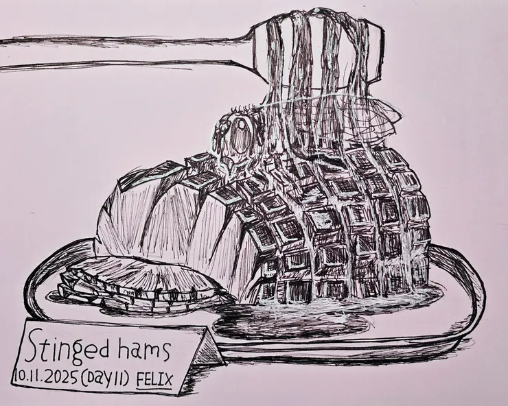 Sting(叮/刺/蜇) Stinged hams是指被蜇的火腿，名字取自於《辛普森家庭》(The Simpsons)的蒸氣漢堡(Steamed hams)諧音。