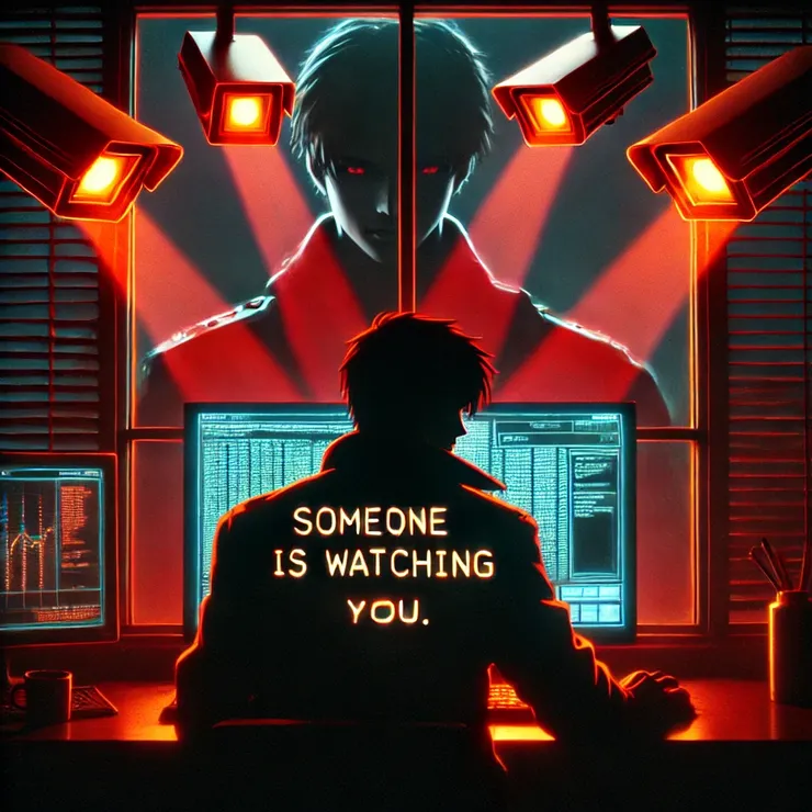 男子注視螢幕上的警告訊息，窗外紅光如監視般閃爍。