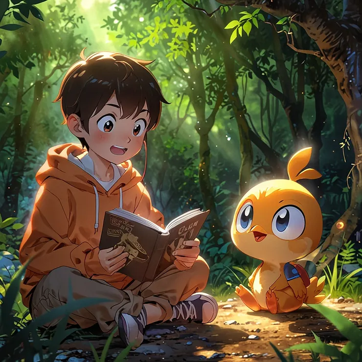 A heartwarming scene where Xiao Xu, a Taiwanese elementary school boy in an orange hoodie, sits on the ground in a lush forest, reading a glowing adventure notebook with a yellow anthropomorphic bird. The bird, with deep blue eyes and wearing a small adventure backpack, sits beside Xiao Xu, both of them smiling as they explore the magical stories together. The background shows sunlight streaming through the trees, creating a warm and magical atmosphere. The style is modern Japanese digital animation, with clean lines and vibrant colors, emphasizing the curiosity and excitement of their shared learning adventure.
