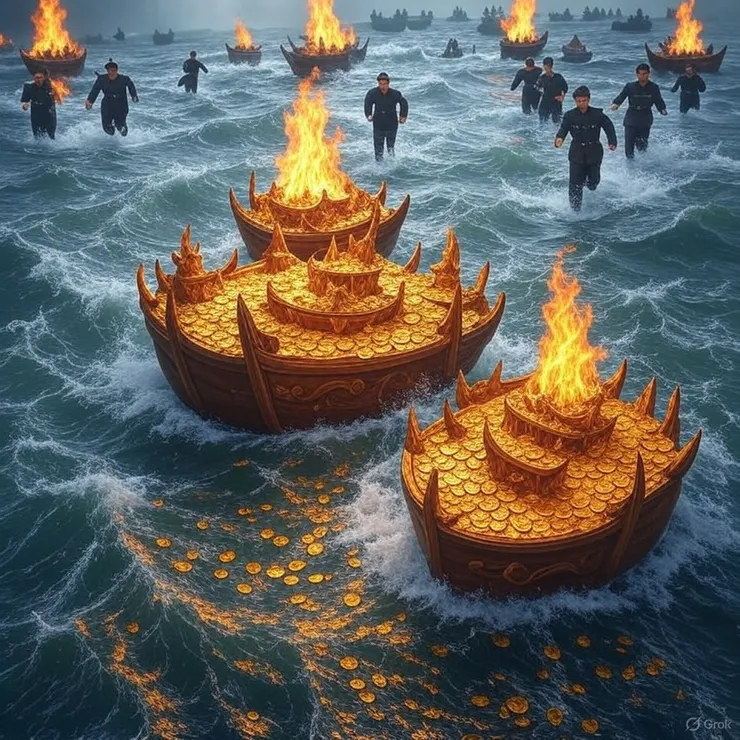 眾多中國精英在逃往海外的時候使用特殊功法，在沉船的火焰中護航大量黃金到西方國家。