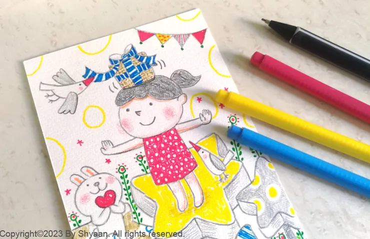 今年送給朋友的手繪卡片 (鉛筆+彩色筆)