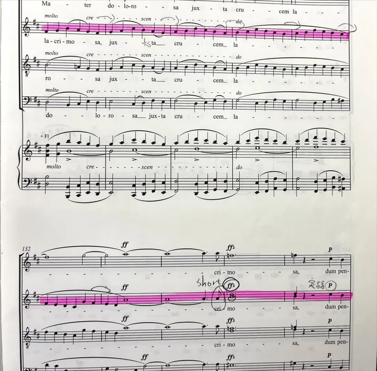 《聖母悼歌》第一樂章〈聖母痛苦侍立〉(Stabat mater dolorosa) 中的經典長樂句，以逐漸升高的音階疊加情緒，最後達到高潮。