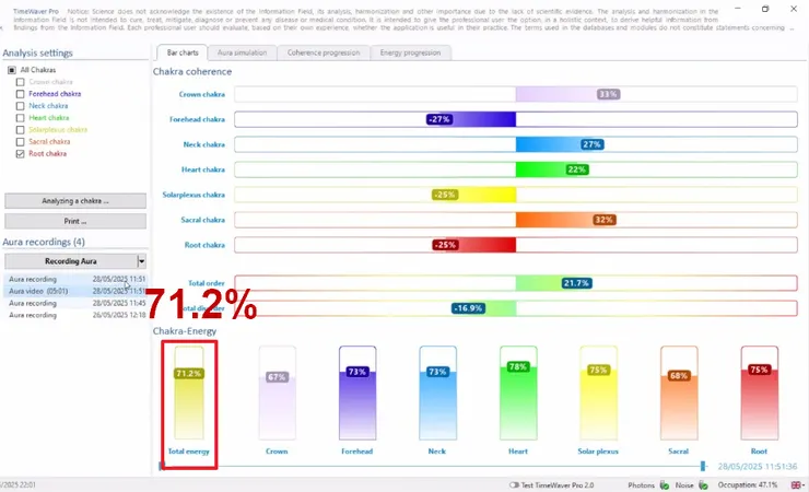 靜心五分鐘後再檢測，整體脈輪能量提升到 71.2%（5月28日 11:51am）