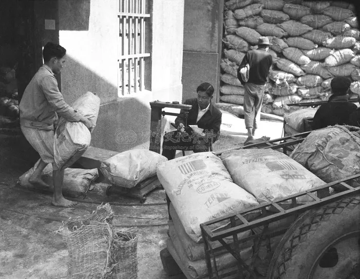 相關人員正在搬運及秤重美援物資。物資袋上印有中美合作的標誌，以及「美援」的字樣。（圖片來源：國家文化記憶庫）