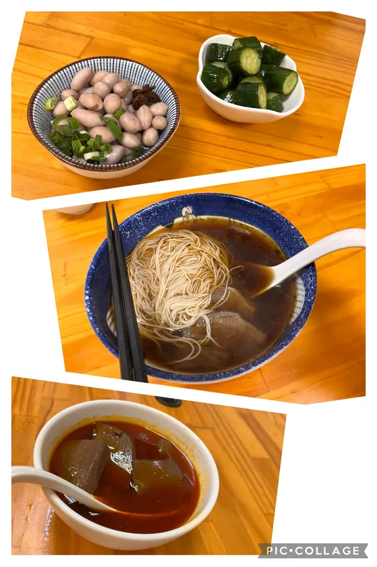 小菜們、當歸羊肉麵線、麻辣鴨血。