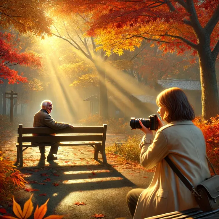  Jane feels a pull to capture not just the scenic beauty of the autumn leaves but the profound tranquility radiating from the man.