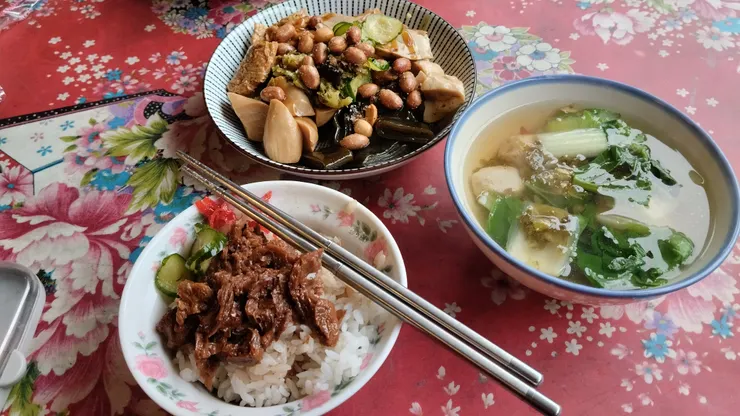 素魯飯和蘿蔔湯及素滷味拼盤。