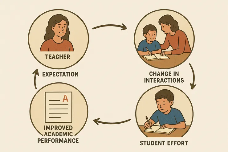 皮格馬利翁效應(Pygmalion Effect)的因果循環:期待引導互動,互動促進努力,努力帶來成果。(AI協助生成插圖,用於科普說明。)