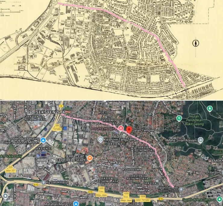 八打靈再也鄧普勒路及周圍地圖比較。 --Street Map of Petaling Jaya,Survey Dept Malaya No. 50 - 1965;Google Map.