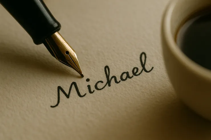 空卡上只寫出「名」的一半;筆尖離紙一指光,杯影圓在旁。