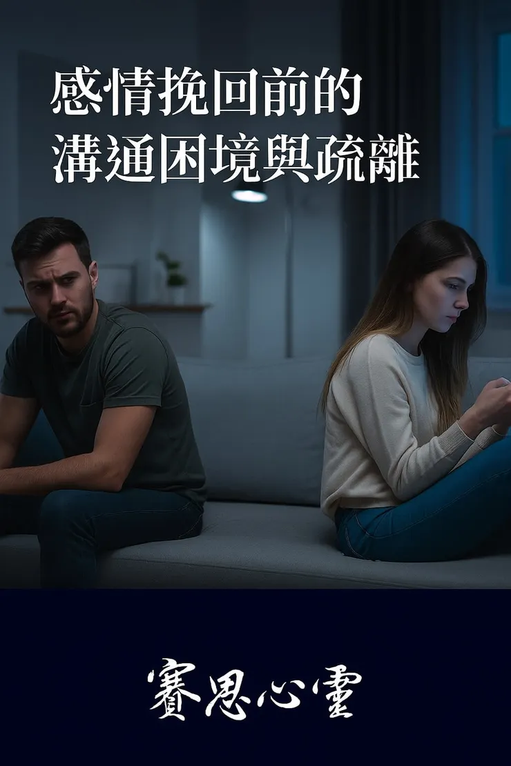 一名男子無助地看著對手機冷漠的女友，象徵感情挽回前的溝通困境與疏離感。