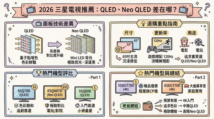 2026 三星電視推薦：QLED、Neo QLED 差在哪？5 款熱門三星智慧顯示器評比與 PTT 評價