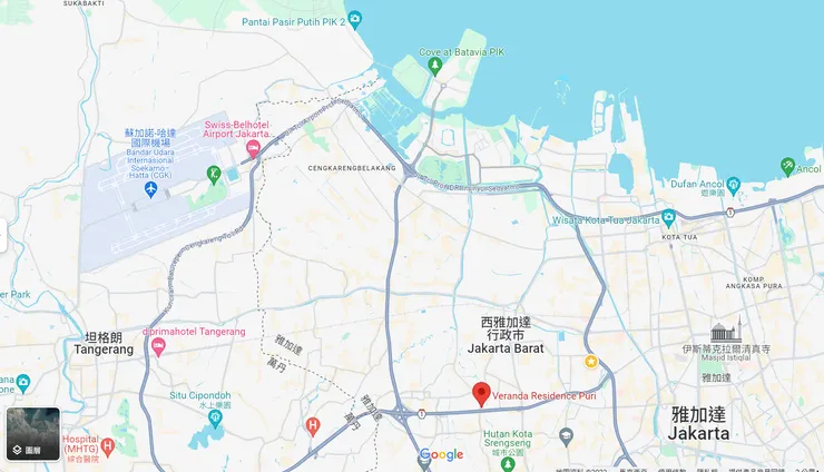 整體位置算方便,西邊是雅加達機場、北邊是近幾年很紅的PIK園區、東邊是雅加達市中心、東北邊聽說是壞壞的地方不多說XD
