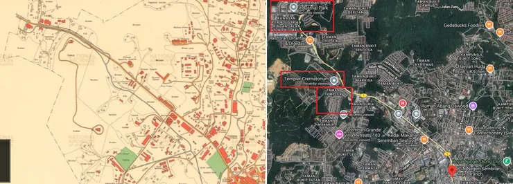 森州昔日沙都口和今天敦依斯邁醫生路周圍地圖比較- Seremban Town, Negri Sembilan,Survey Dept,Federation of Malaya,No.26-1951; Google Map.