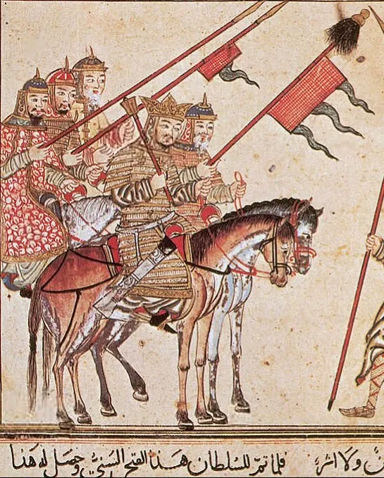 喀喇汗國1017年的統治者與隨行。沒有太多圖片可用，截這張圖片用一下。Wiki Commons, "The Kara-Khanid ruler Ilig Khan on horse submitting to Mahmud of Ghazni riding an elephant, Persian painting, 1306-14.jpg"