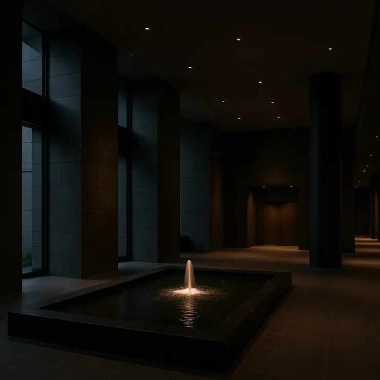 質感的大樓內部，夢中的水池是在戶外庭院中 - ChatGPT 