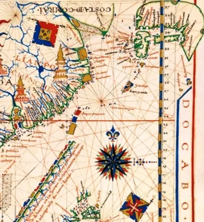 File: 1571年 葡萄牙人所繪福爾摩沙  -臺灣與鄰國.jpg (16世紀歐洲的臺灣古地圖: 16世紀前的臺灣均被描繪為三塊分開的島嶼) By Fernao Vaz Dourado, Public domain, via Wikimedia Commons