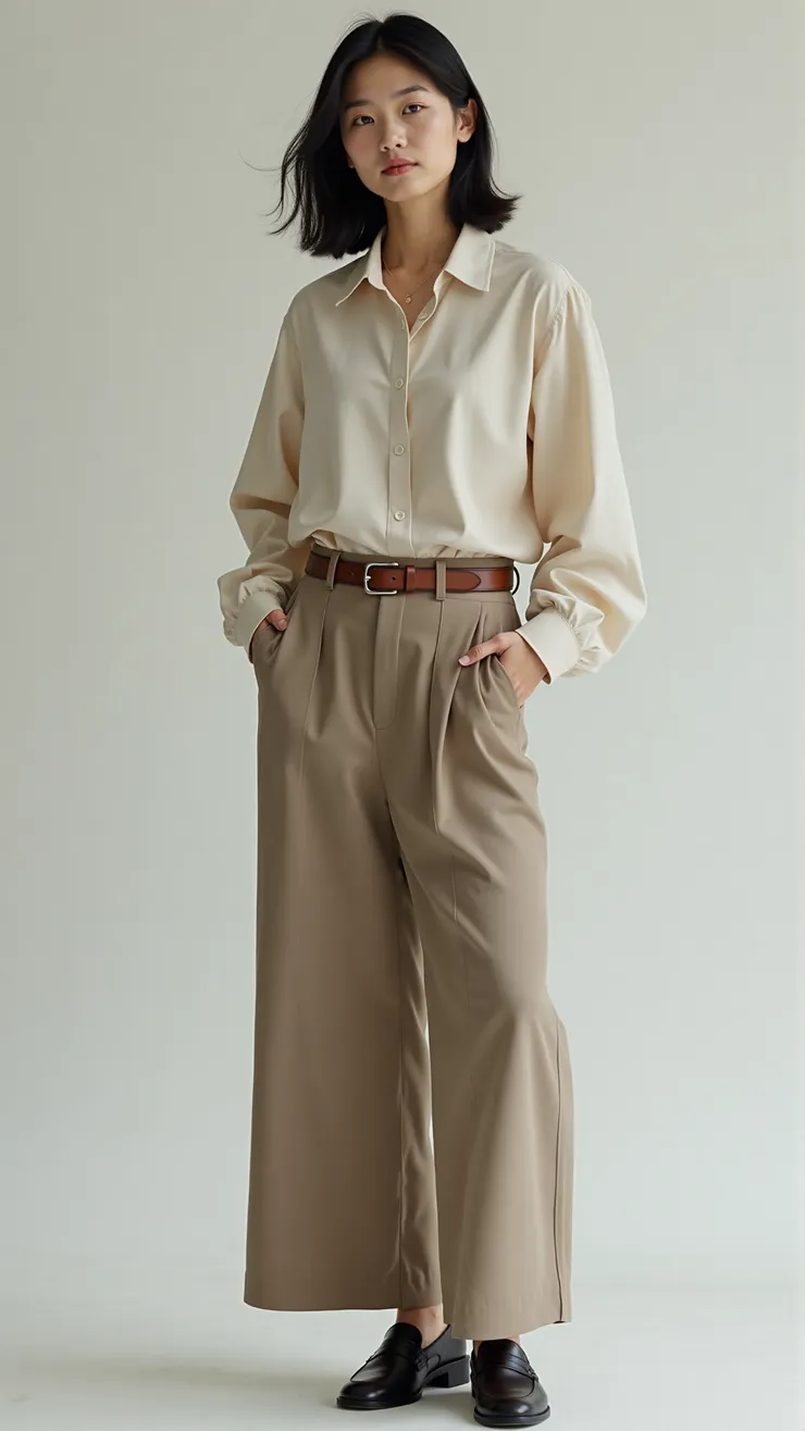 Wide-leg trousers, button-down blouse, leather belt, loafers( 寬腿長褲，扣式襯衫，皮帶，樂福鞋 )