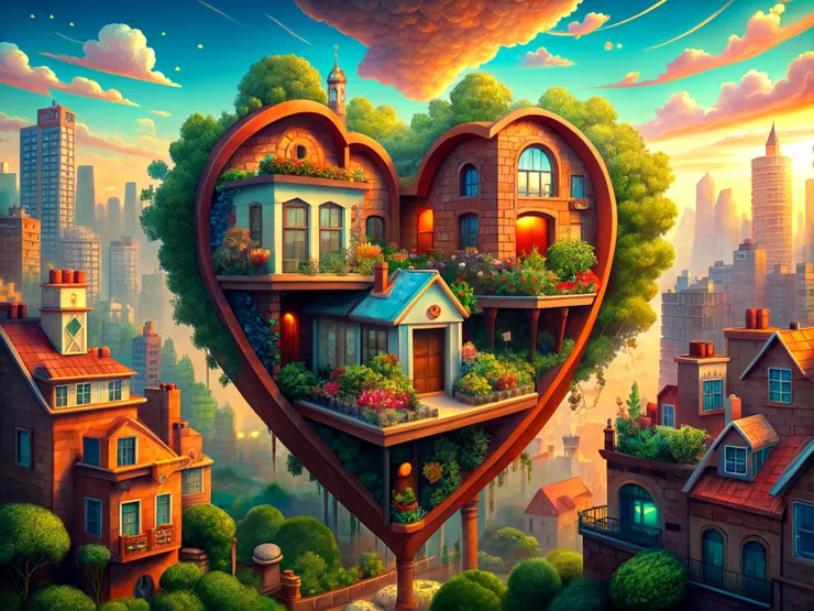 Recraft AI：In the bustling city, there stands a heart-shaped house with three beautiful little rooms inside—a study, a bedroom, and a bathroom. Outside, there's a small garden, and each room is filled with plants and flowers, basking in the brilliant morning sunlight.