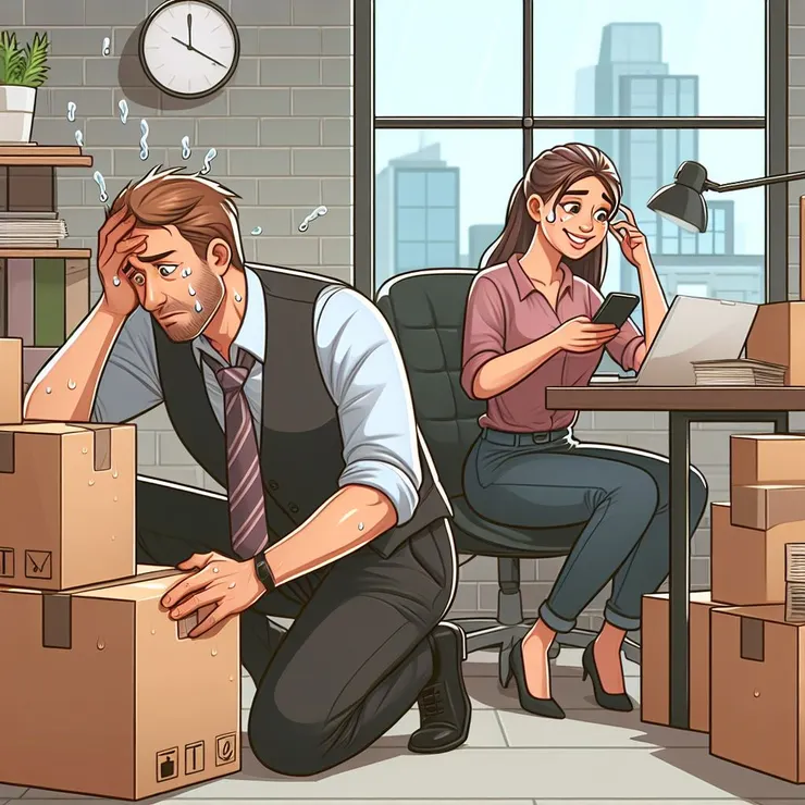 示意圖:某個主管親力親為,不好意思叫旁邊的人做,結果做得滿頭大汗,別人卻在一邊滑手機納涼。(圖片來源:Copilot AI 生成圖)