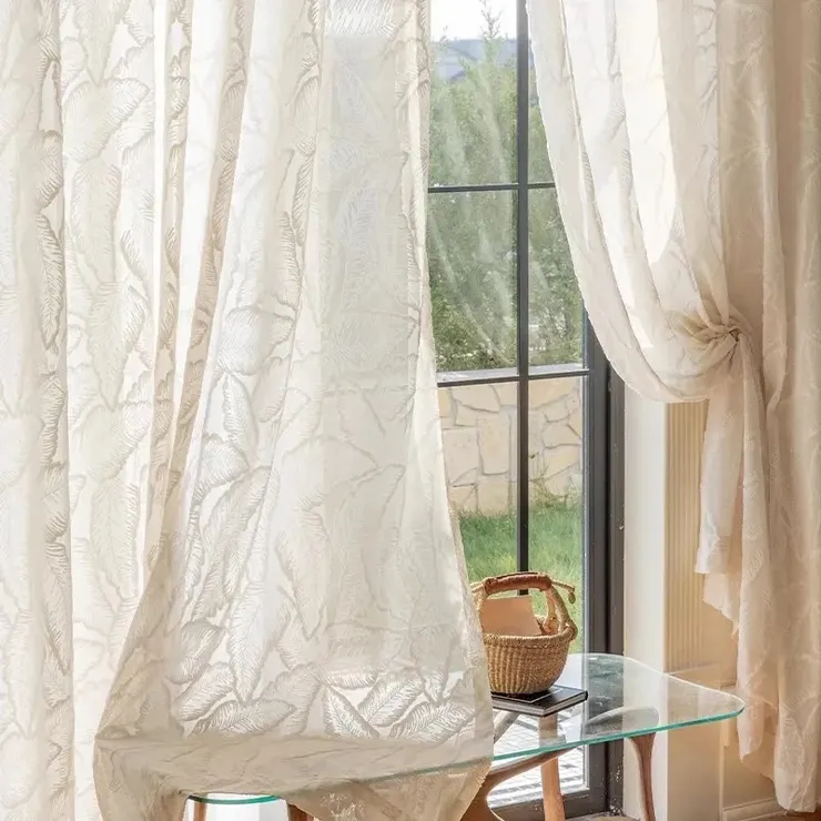 法式奶油色紗簾 浮雕復古窗紗 法式輕奢