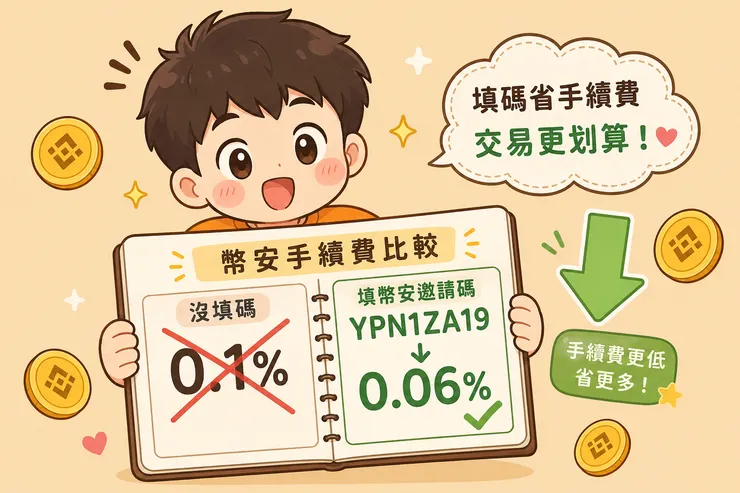 幣圈新手村筆記本展示幣安手續費比較，填幣安邀請碼 YPN1ZA19 後費率從 0.1% 降至 0.06%，搭配 BNB 最高省 40%