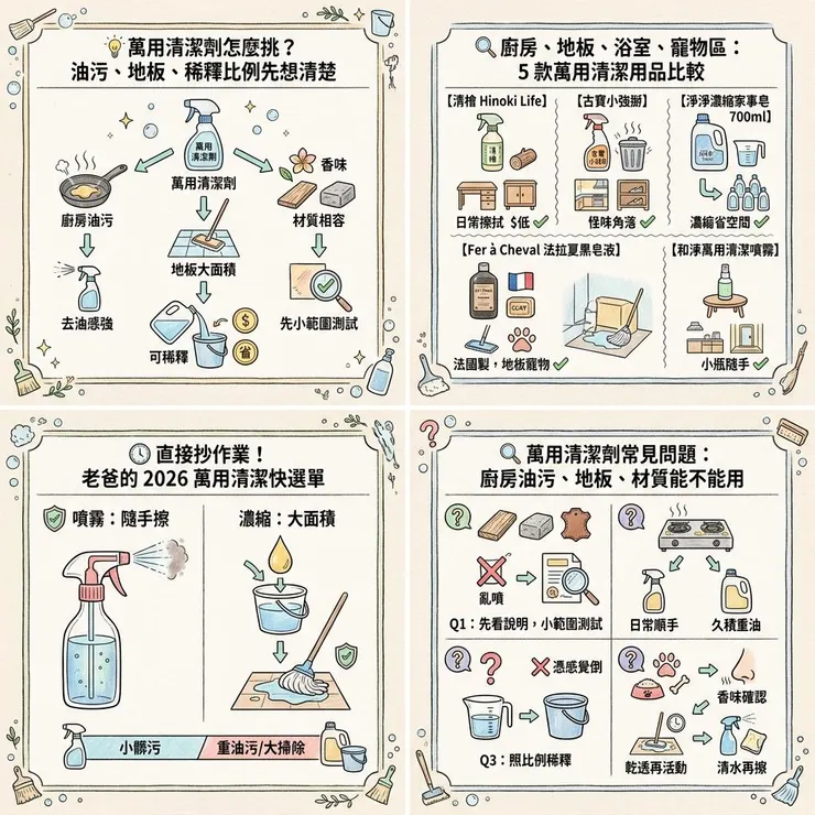 【萬用清潔劑推薦】2026 廚房油污、地板怎麼選？🧽 Dcard、Threads 熱議 5 款居家清潔比較