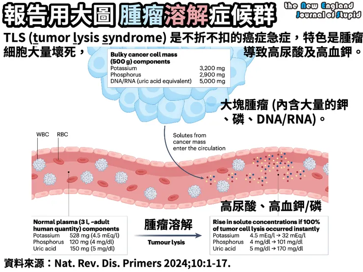 腫瘤溶解症候群源自於腫瘤細胞壞死。