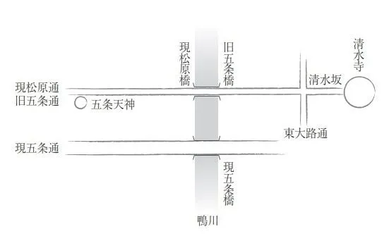 舊五條通就是現在的松原通，將五條通向南移動的是豐臣秀吉。現在位於松原通西洞院的天神社還是沿用舊名五條天神。

舊五條橋是否真實存在過尚需考證。