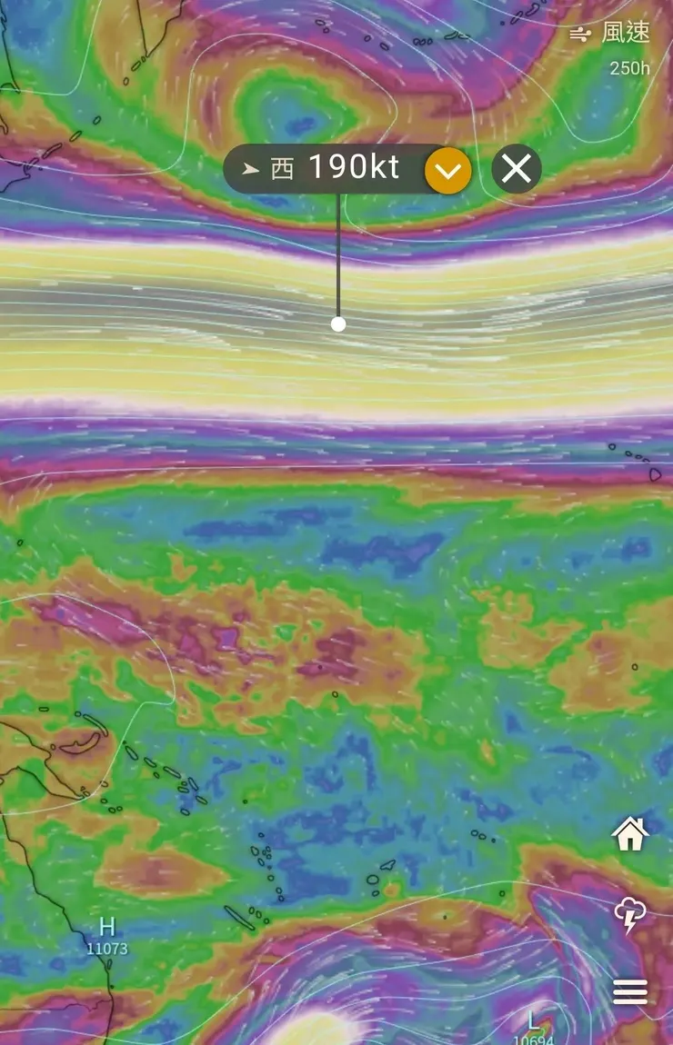 在34,000英尺的高空有一股強勁氣流,圖截自windy.com。