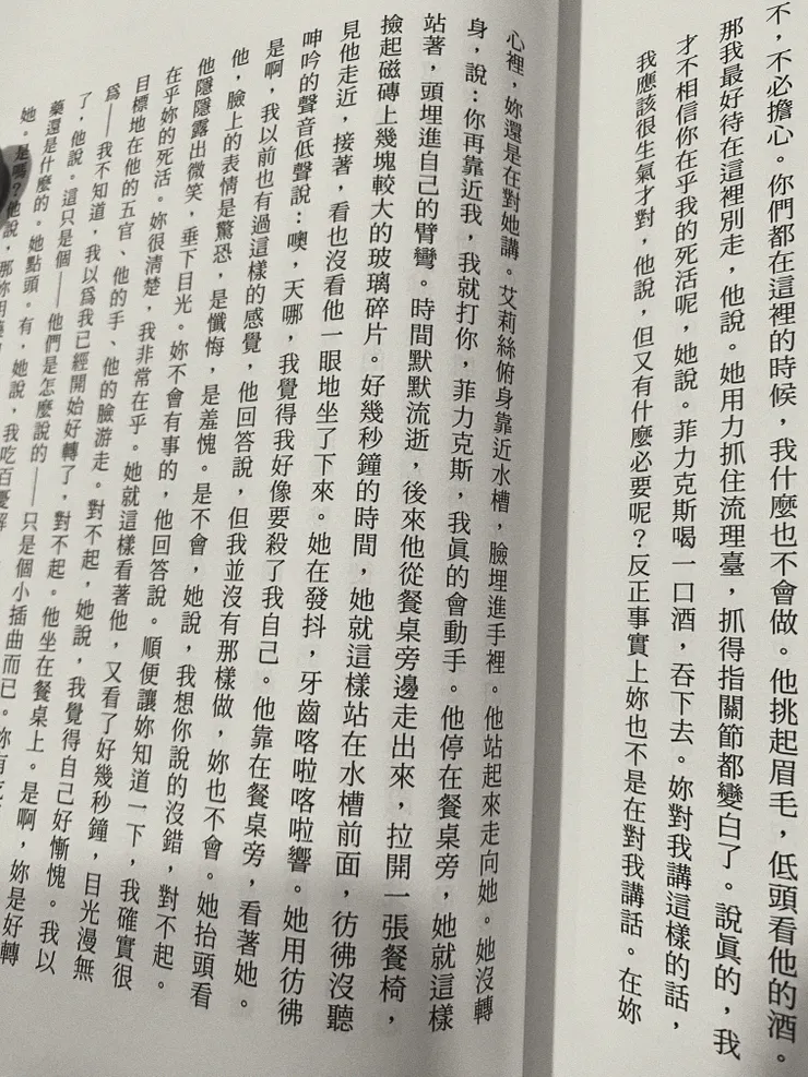 菲力克斯和艾莉絲在書末的這段十分迷人，又具有某種程度的感性。他們之間真的是愛，是平等的愛。