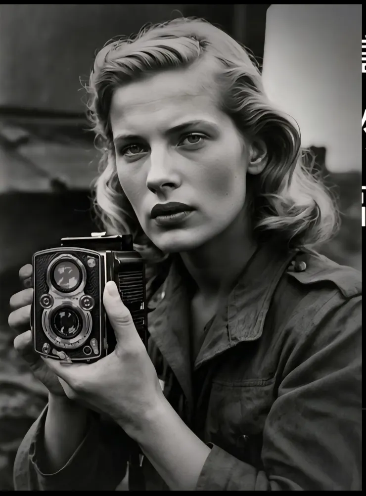 李·米勒身著軍裝。手持相機的經典照片,展現了她在戰場上的無畏姿態,也象徵了她鏡頭下的歷史見證力量。