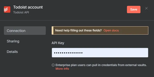 圖 2：在 n8n 中新增 Todoist API 憑證