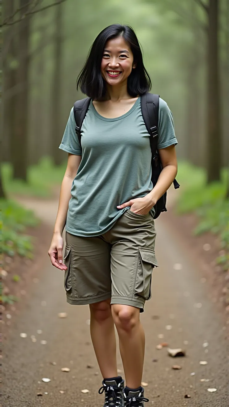 Moisture-wicking t-shirt, cargo shorts, hiking boots