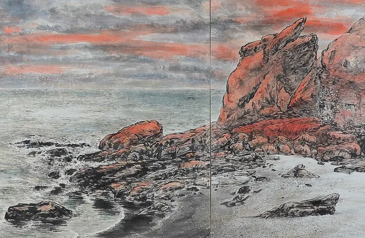 〈塔山夕照〉局部—海灘