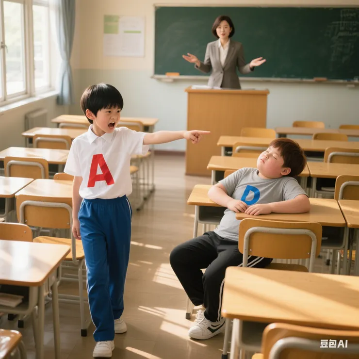 A生數落著D生上課愛睡覺卻抽到ta想要的前方座位! (小昕咒語豆包AI繪圖)