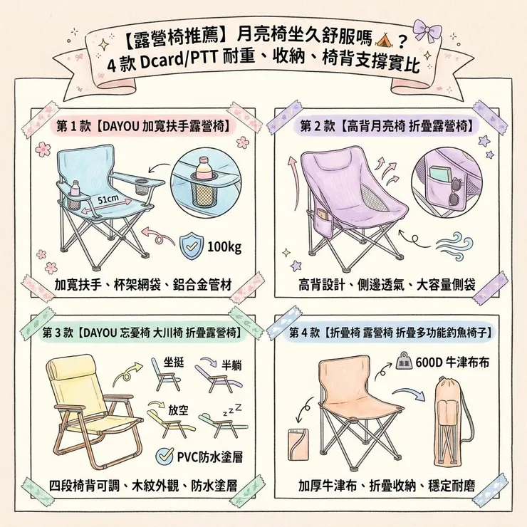 【露營椅推薦】月亮椅坐久舒服嗎 ⛺？4 款 Dcard/PTT 耐重、收納、椅背支撐實比