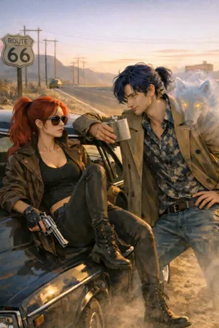 【獵魔公路】:一眼望不到頭的公路,老舊的車、斷斷續續的電臺聲,厭煩卻又熟悉無比的搭檔,炙熱的太陽將人曬的心浮氣躁—— 「下個目的地是……」 「下個目標是……」 「……那夜的真相——」 圍繞著這沉重無比又枯燥的話題,汽車的引擎聲蓋過彼此的心思,一場狩獵、一場不信任的契約、一場復仇今夜也依舊隨著道路不斷延伸。