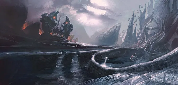 有著面孔的巨樹守護著劍之祭壇與遺跡，一名希卡族的人踩踏著樹根，越過水面往祭壇前進