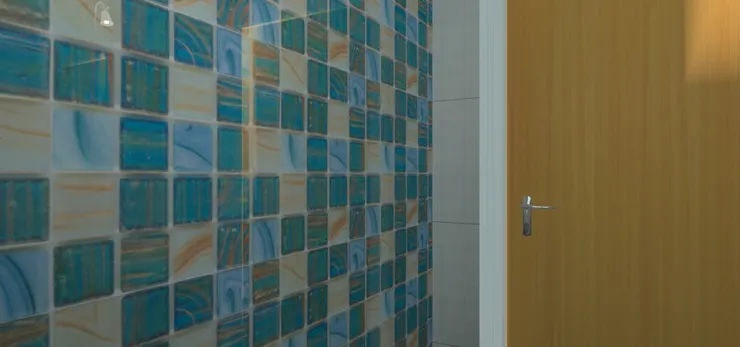 藍色中帶啡色的紙皮石跟木質的門很配。